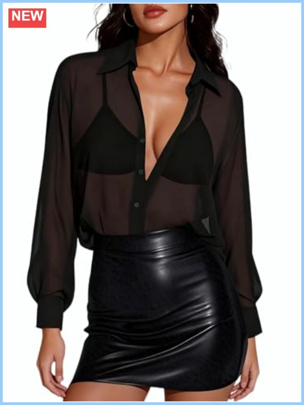 Sheer Long Sleeve Blouse Oversized See Through Button Down Chiffon Top